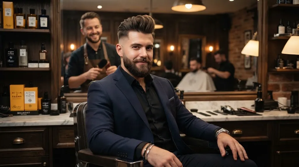 A stylish man with a classic pompadour haircut and volumetric lift at the front sitting in a luxury barbershop