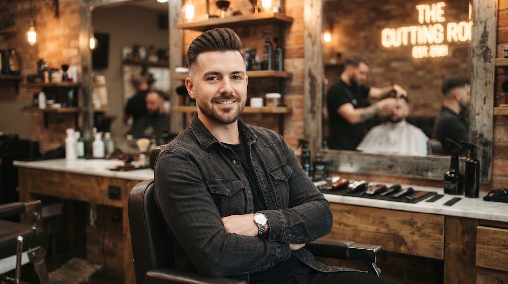 Man with a stylish modern pompadour haircut and clean mid fade tailored for a round face shape