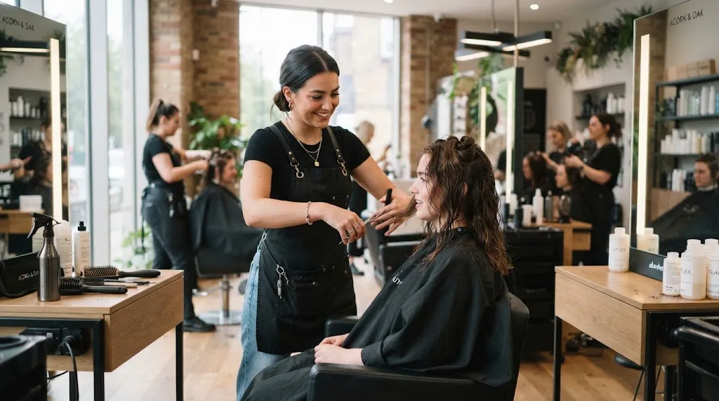 Professional hair stylist giving a stylish modern haircut in a bright, contemporary salon environment