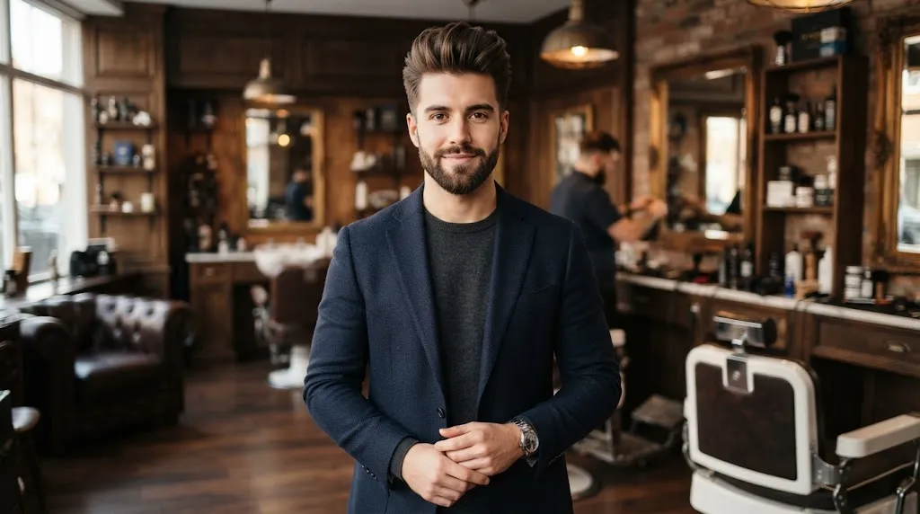 A stylish man with a modern voluminous quiff haircut showcasing height and texture at the front hairline.
