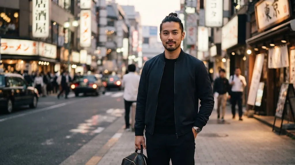 A modern Japanese man with a stylish top knot and textured samurai-inspired hairstyle in Tokyo