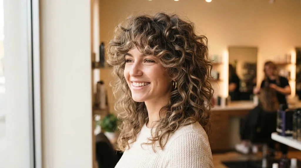 Woman with a modern shag and butterfly haircut showing airy movement and volume for light curly hair