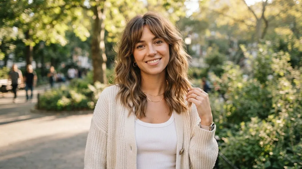 Modern soft shag haircut with trendy curtain bangs on long hair, styled for a natural and effortless look