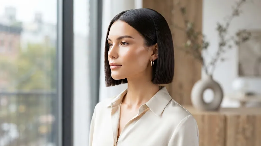 A sleek and structured square bob haircut highlighting sharp horizontal weight around the jawline