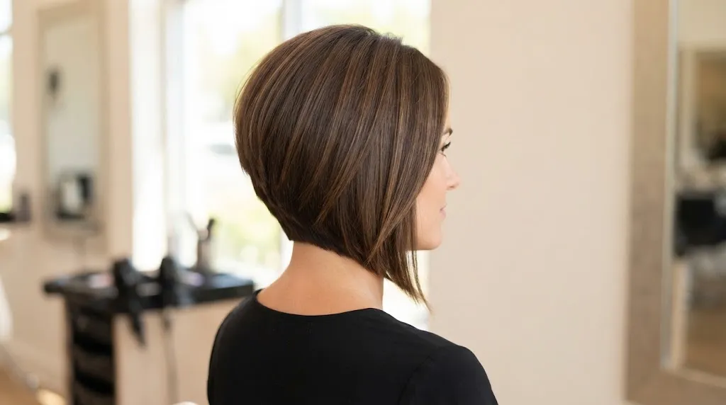 A stylish brunette woman viewed from the back and side, showcasing a sharp, stacked inverted bob haircut with an angled perimeter in a salon setting.