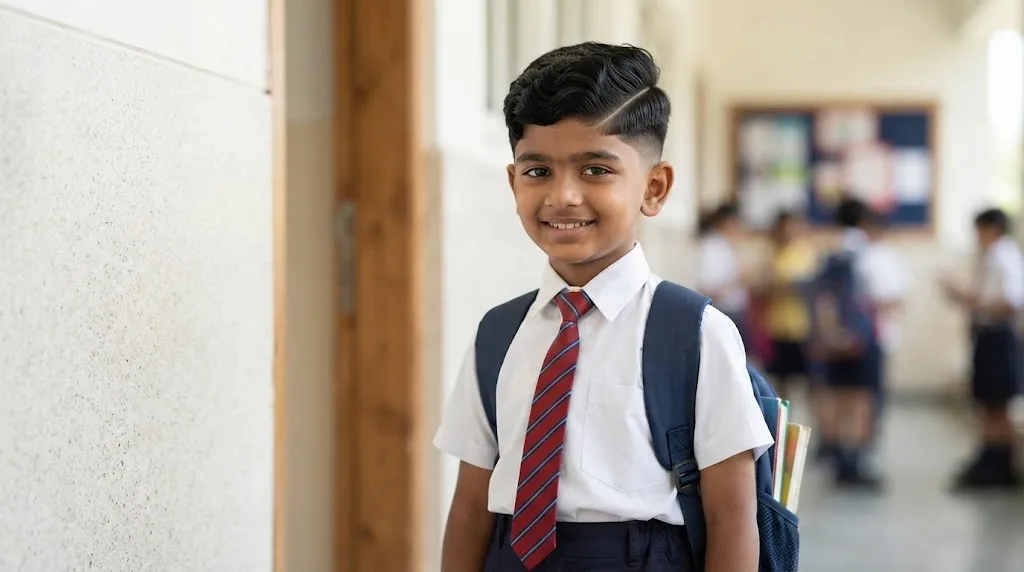 A smiling Indian school boy with a neat, short taper fade haircut wearing a uniform in a bright hallway.