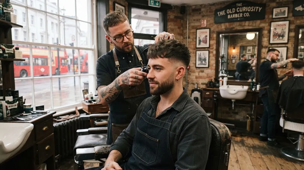 A stylish man receiving a modern textured British crop haircut with faded sides in a professional London barbershop.