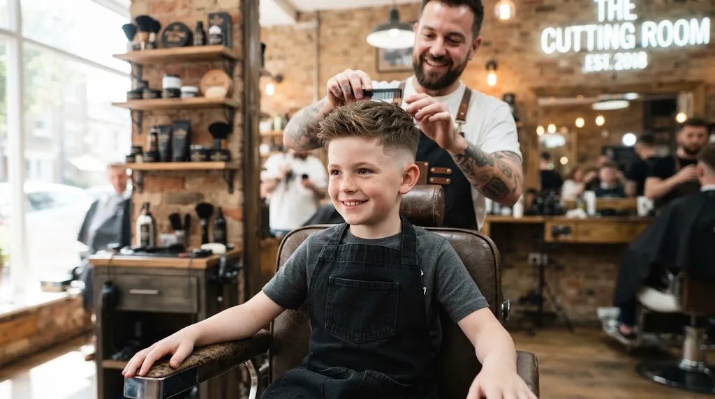 A young boy with a stylish textured crop haircut and clean fade in a modern barbershop, matching face shapes and hair textures