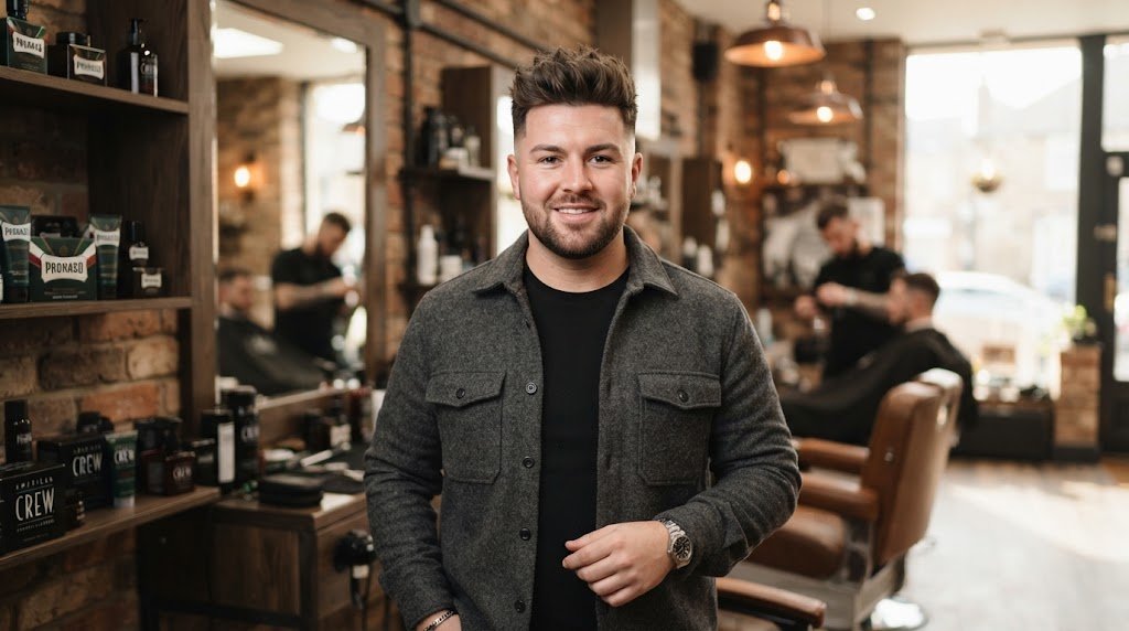 Professional portrait of a man with a round face shape showcasing a modern textured crop haircut with tight skin fade and height on top