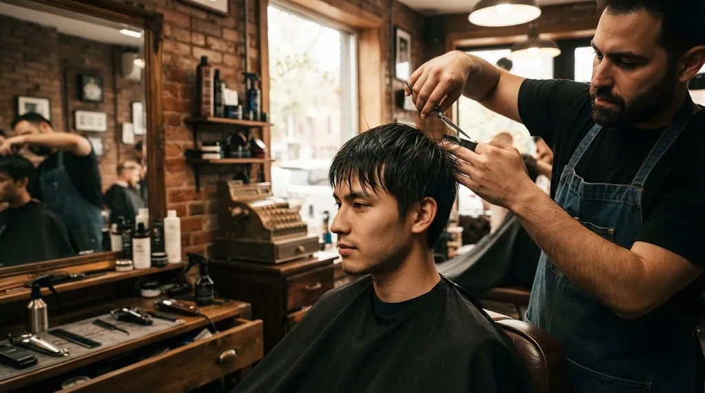 A stylish man demonstrating a modern textured crop haircut and styling execution for straight hair in a professional barber shop