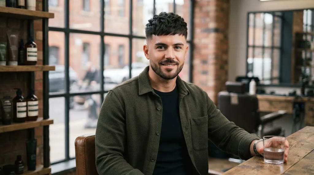 A stylish man with a modern textured crop haircut featuring short sides and separated movement on top