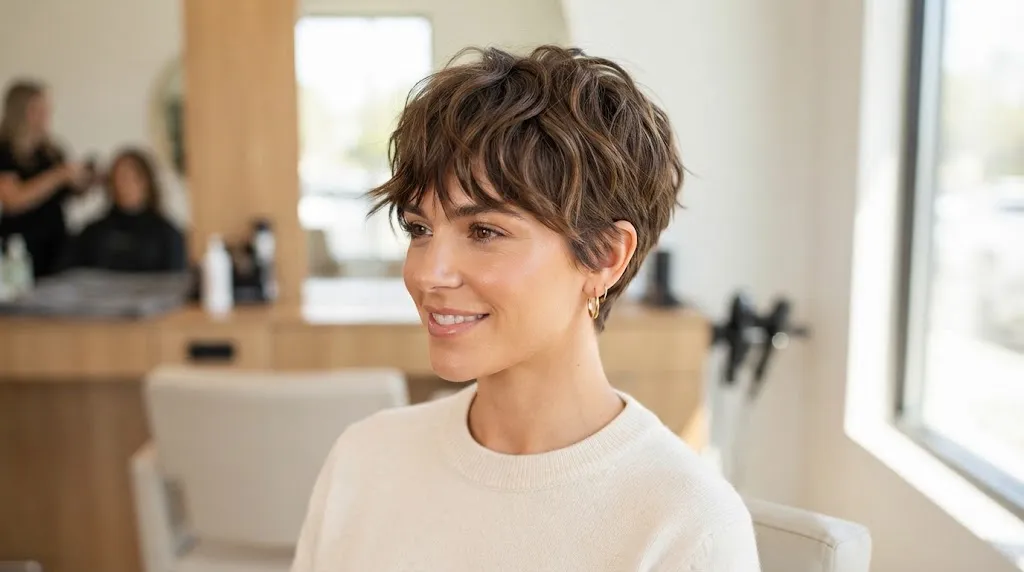A woman with a modern, brunette textured crop haircut, featuring short sides and voluminous, piece-y layers on top, smiling in a bright salon setting.