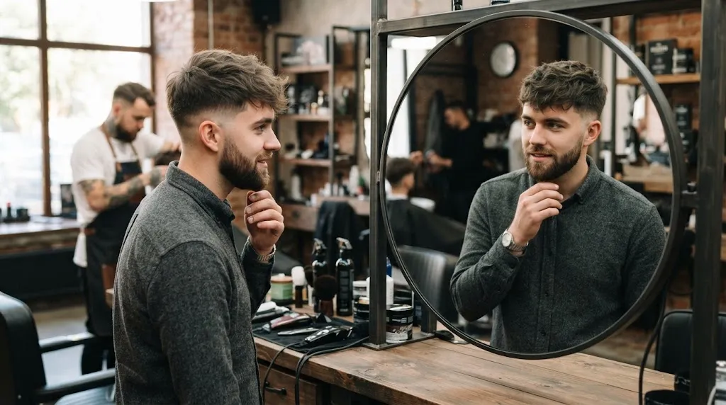 A stylish man showcasing a modern textured crop haircut and clean low fade in a professional barbershop setting.