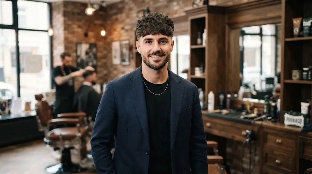 Man with straight hair styling a textured crop forward to naturally conceal a receding hairline in a modern barbershop