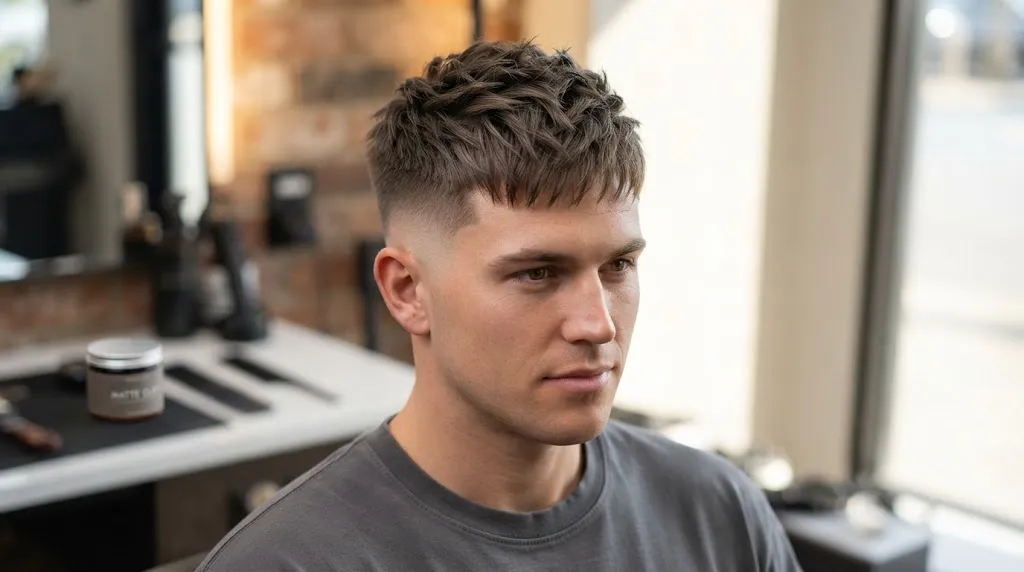 A man with a short, textured crop haircut and a skin fade, styled with matte clay, looking confident in a barbershop.