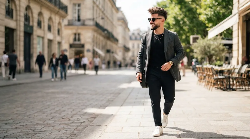 A stylish man showcasing a modern textured faux hawk haircut with clean faded sides for a sharp, edgy look.