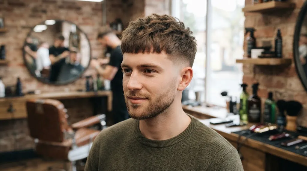 A man in a barbershop with a short, textured French Crop haircut, featuring a clean fade on the sides and a forward-styled fringe, wearing an olive green sweater.