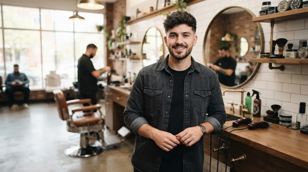 A stylish man with a modern textured short haircut showing natural movement and professional styling in a salon setting