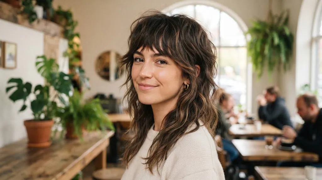 A young woman with a trendy, textured dark brown Wolf Cut hairstyle featuring choppy layers and bangs in a sunlit cafe.