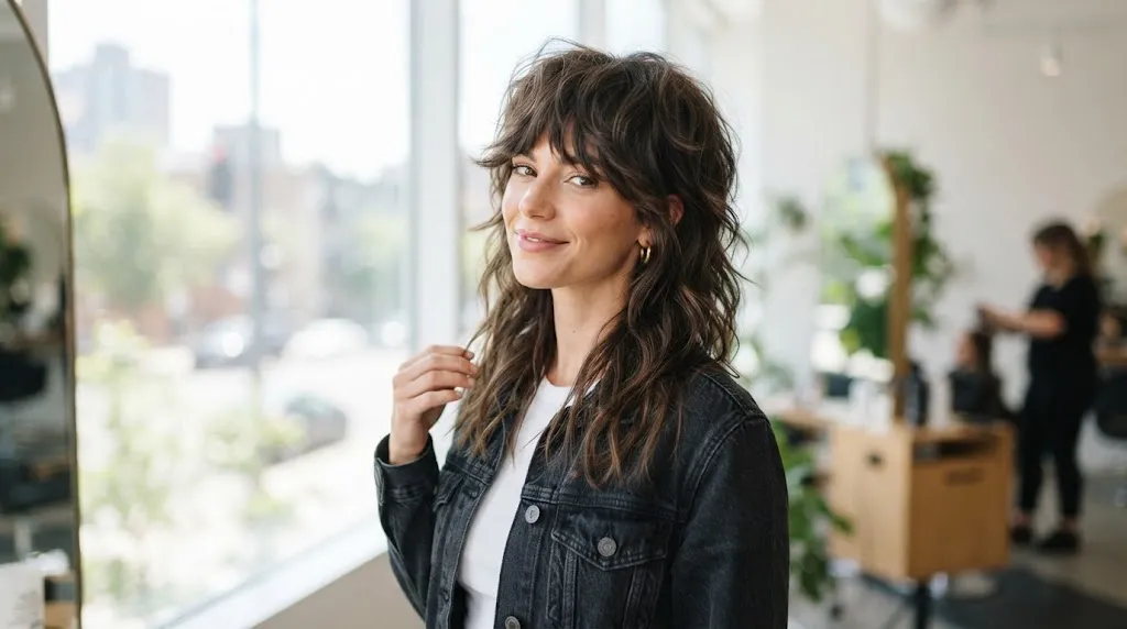 A stylish woman in a salon with a trendy, heavily layered dark brown Wolf Cut featuring volume and fringe.