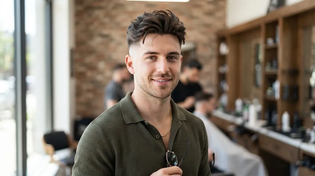 A young man showcasing a modern two-block haircut with short sides and longer textured hair on top