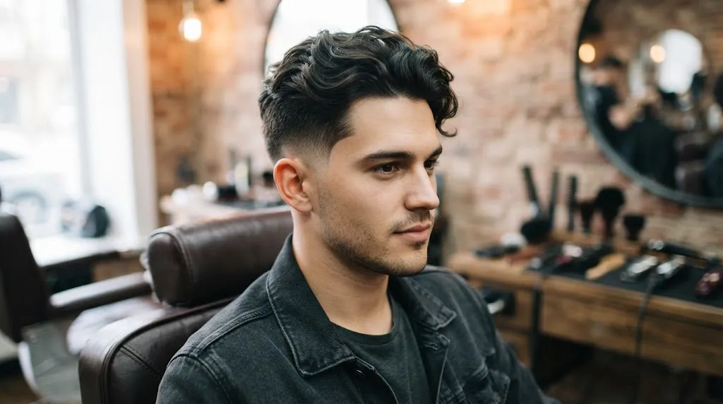A young man showcasing a modern undercut haircut with short sides and textured length on top in a barbershop