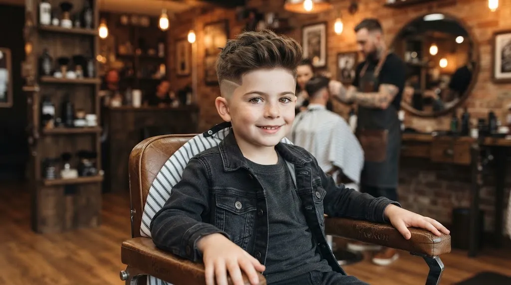 Stylish young boy with a clean modern undercut haircut and faded sides in a professional barbershop