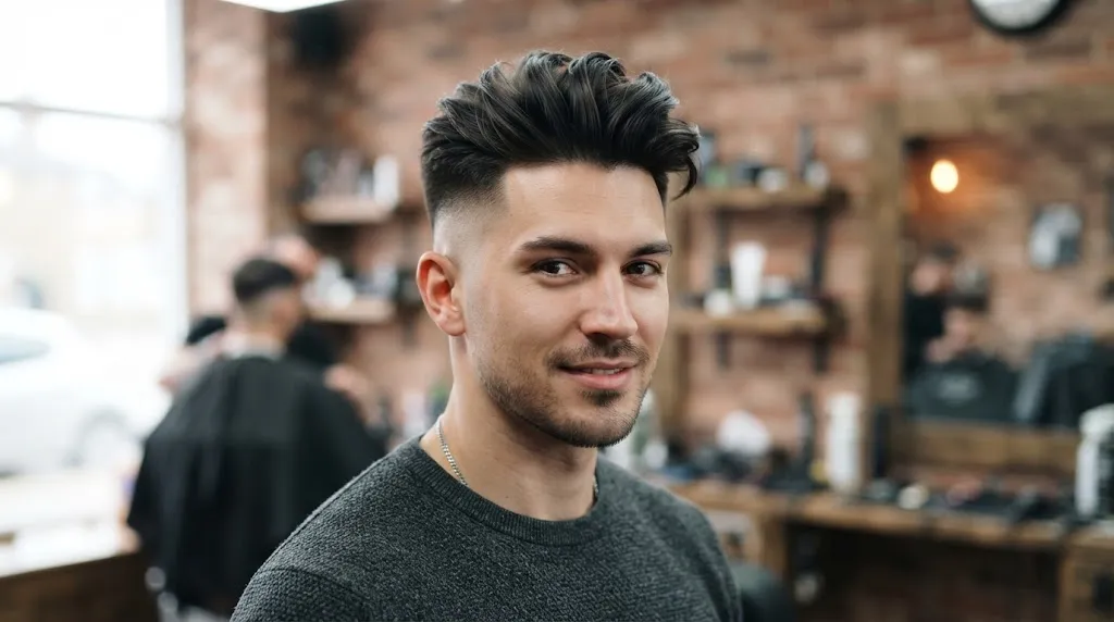 A stylish Asian man with a modern undercut haircut featuring a clean skin fade on the sides and textured volume on top under natural studio lighting.