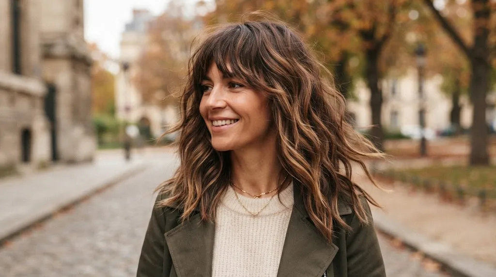 A woman with a modern, medium-length shag haircut featuring heavy texture, natural waves, and piece-y fringe, smiling outdoors during autumn.