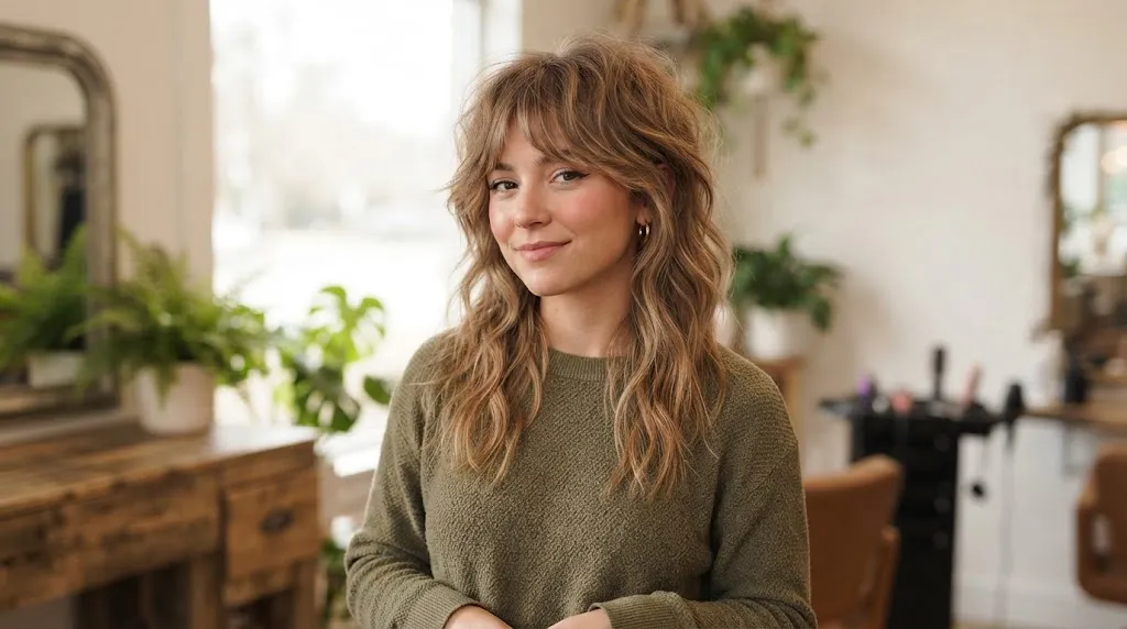 A young woman with a modern, textured shag and wolf haircut featuring waves and curtain bangs in a salon.