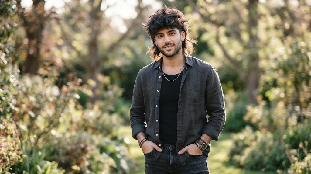 A stylish young man showcasing a trendy wolf cut hairstyle with voluminous top layers and textured ends.