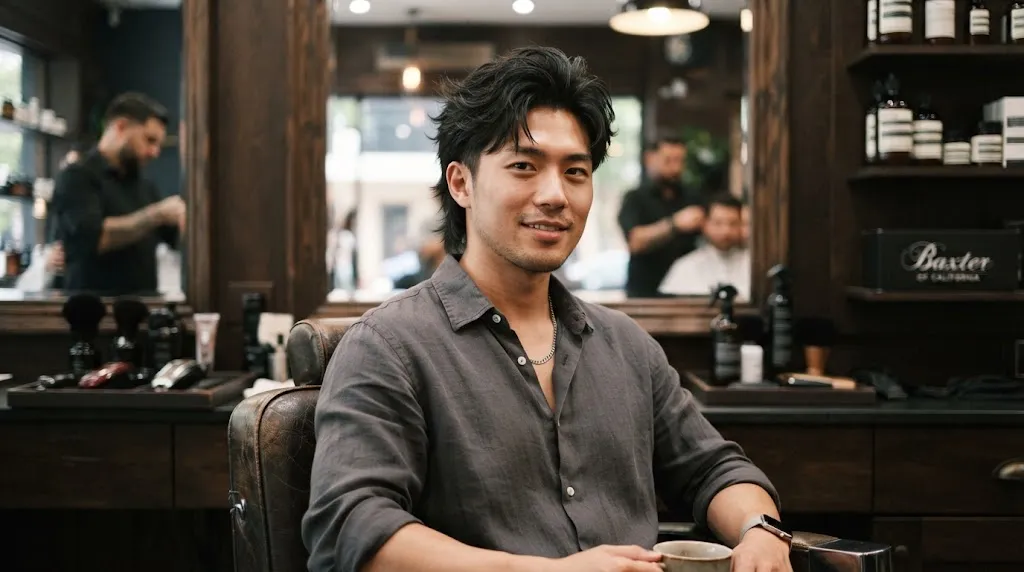 Stylish Asian man showcasing a modern wolf cut with high-crown layering and textured tapered nape in a barbershop