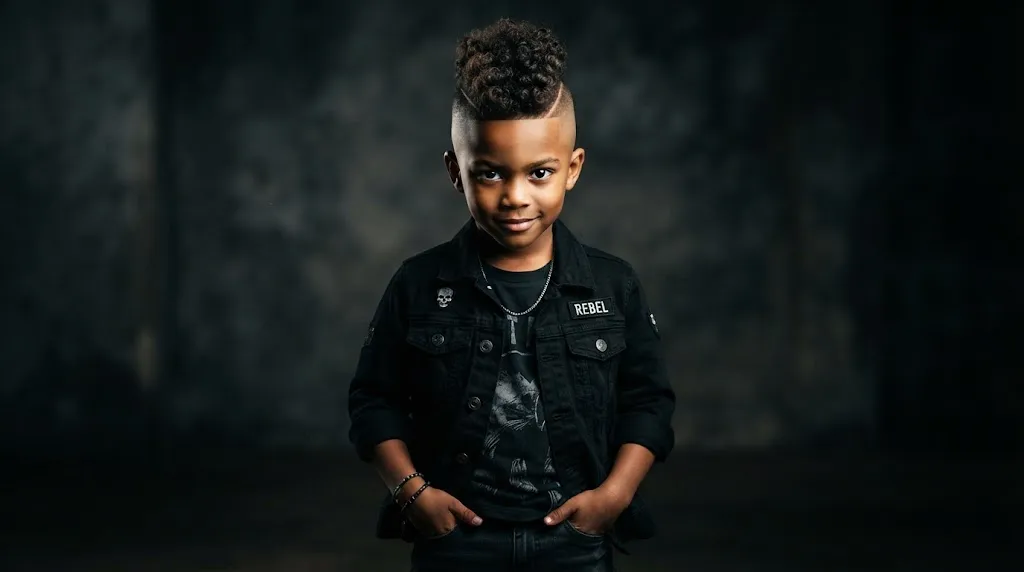 Young boy with a stylish mohawk fade haircut featuring shaved sides and a raised strip of hair on top
