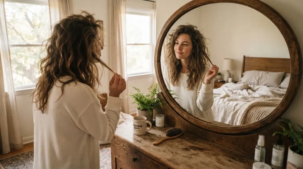 A person looking at their hair in a bedroom mirror in the morning to check styling and texture.