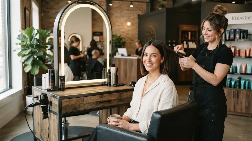 A stylish woman showcasing a trendy haircut in a professional modern hair salon representing popular haircuts for women right now