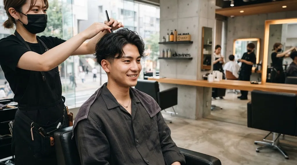 A stylish Japanese man showcasing a popular modern textured two-block haircut with natural movement