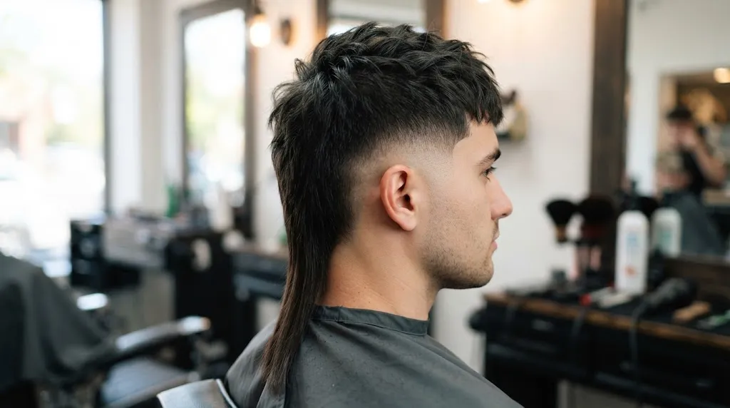 Side-angle view of a modern textured crop mullet tail haircut featuring a distinct long tail at the back and a clean fade.