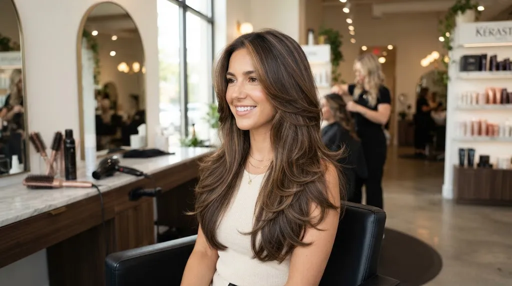 A woman with a stunning multilayer haircut for long hair showing cascading steps, texture, and movement in a salon.
