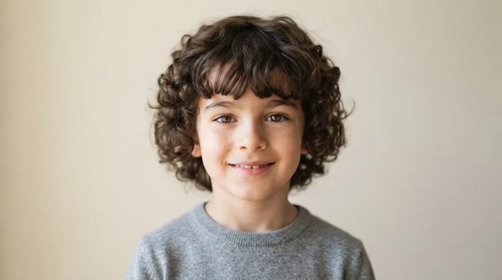 Young boy with natural curly hair and a soft fringe hairstyle showcasing defined curls and a low-maintenance look