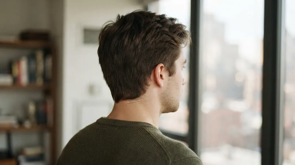 Rear view of a man with dark, wavy hair showing the natural grow-out phase of a previous slope haircut, with softened lines and increased length at the nape and sides.