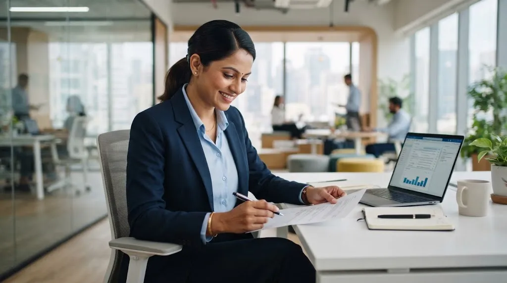 Professional Indian woman with a sleek and neat low ponytail hairstyle in an office setting
