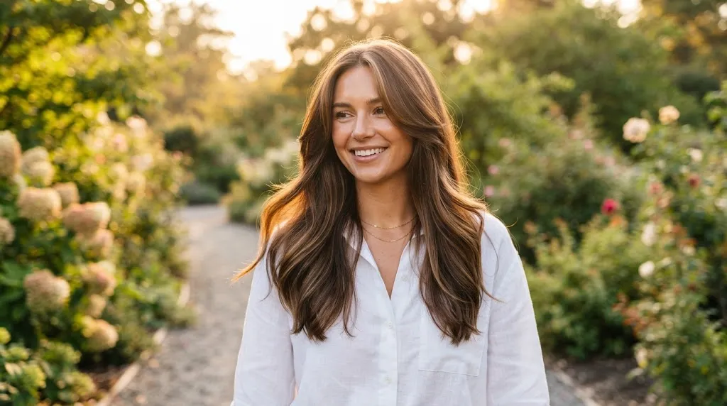 A woman with beautiful long hair featuring soft layers and face-framing pieces for a fresh new look