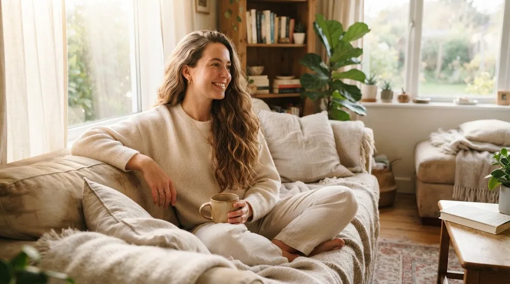 A girl with beautiful long heatless wavy hair relaxing in morning sunlight