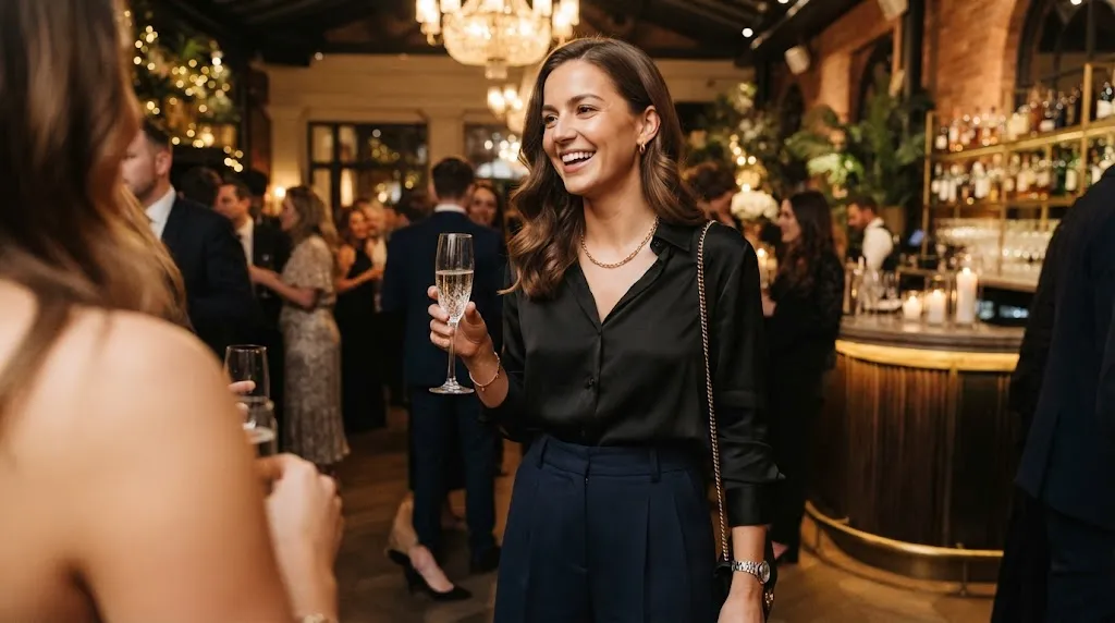 A stylish woman with a polished modern hairstyle suitable for non-wedding events like office parties, birthdays, and engagements