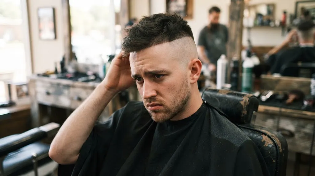 A close-up side view of a man's haircut where the slope and transition have been cut too high, showing excessive contrast.
