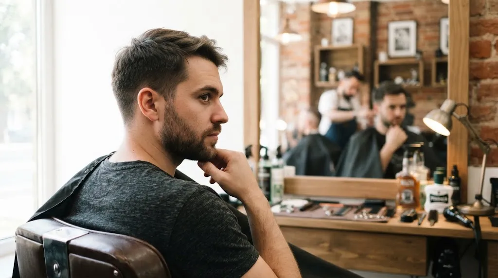 Man in a barbershop showing how a normal slope haircut becomes difficult to manage during the grow-out phase