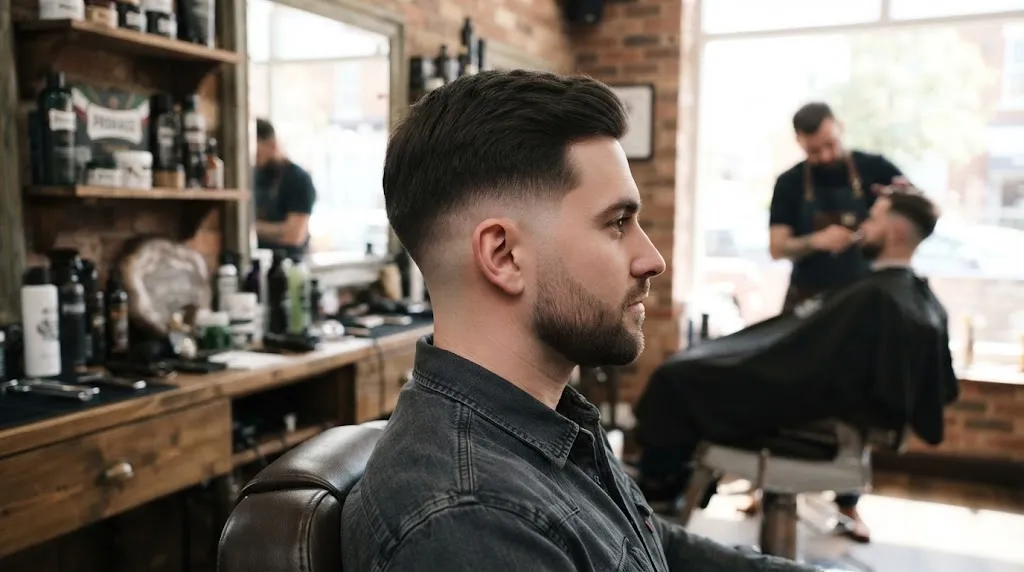 Side view of a man with a normal slope haircut showing a gradual and balanced transition from top to sides in a barbershop.