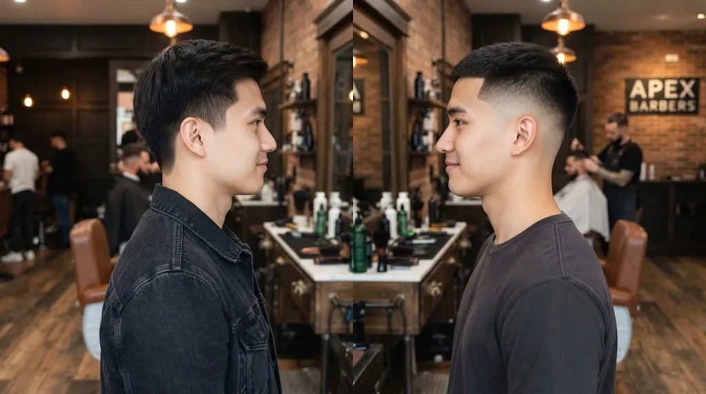Comparison of a men's normal slope haircut with soft graduation versus a sharp modern fade in a barbershop.