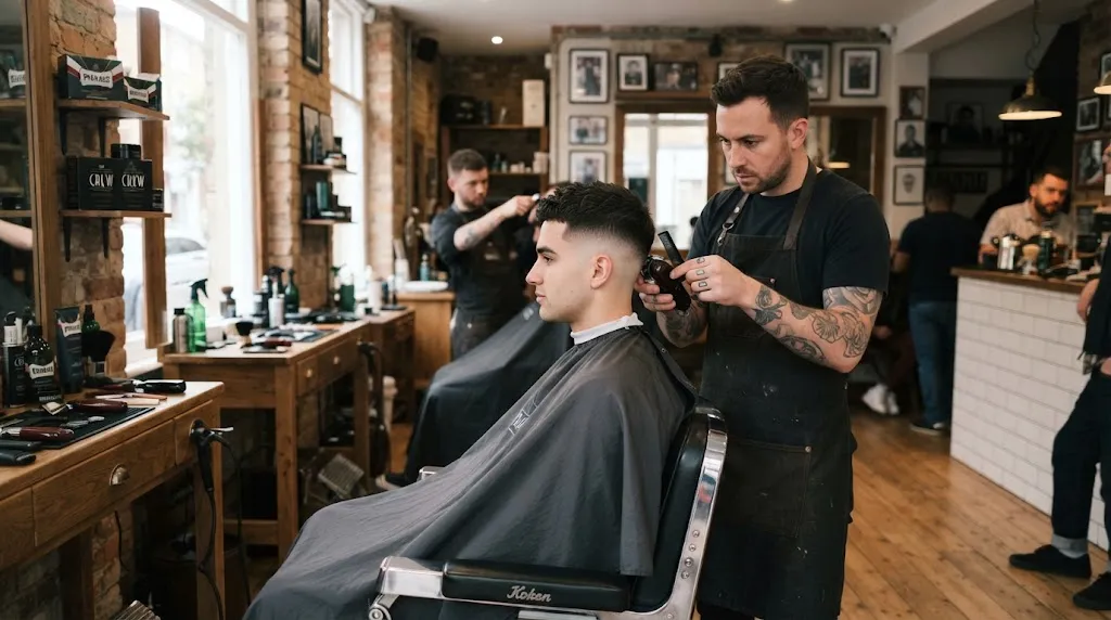 Professional comparison showing a normal slope haircut with graduated sides versus a clean fade for men