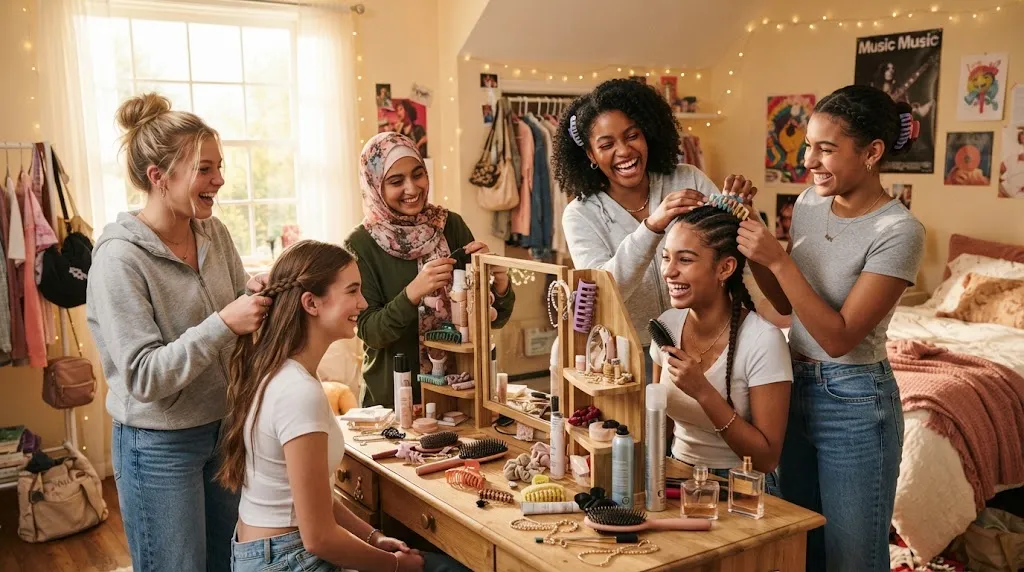 Diverse group of girls choosing trendy hairstyles for school, parties, and casual outings based on the occasion-based selection guide.